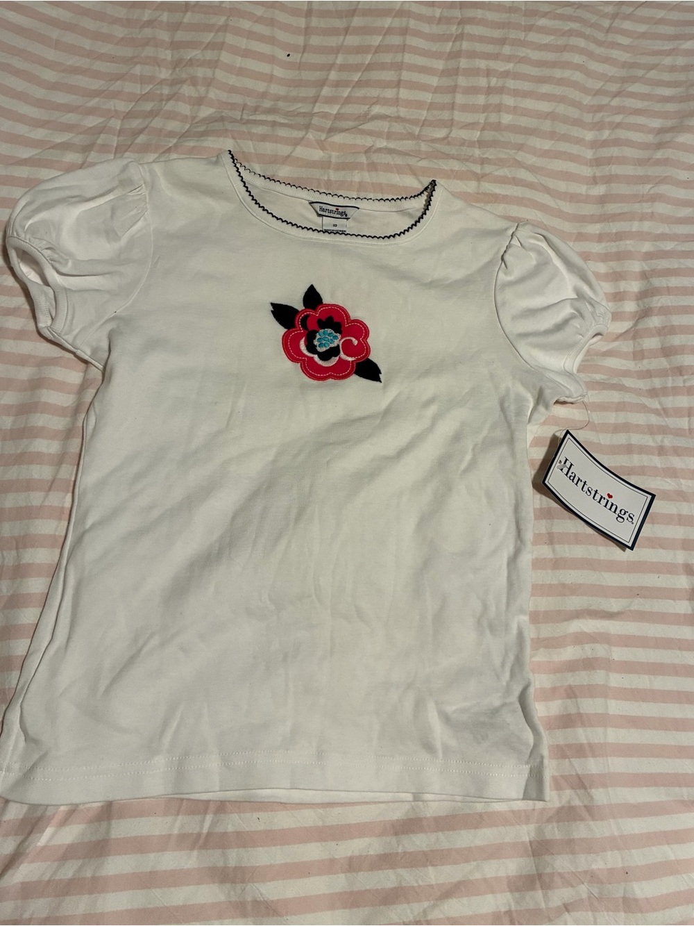 Hartstrings White Tee with Pink & Teal Floral Appliqué